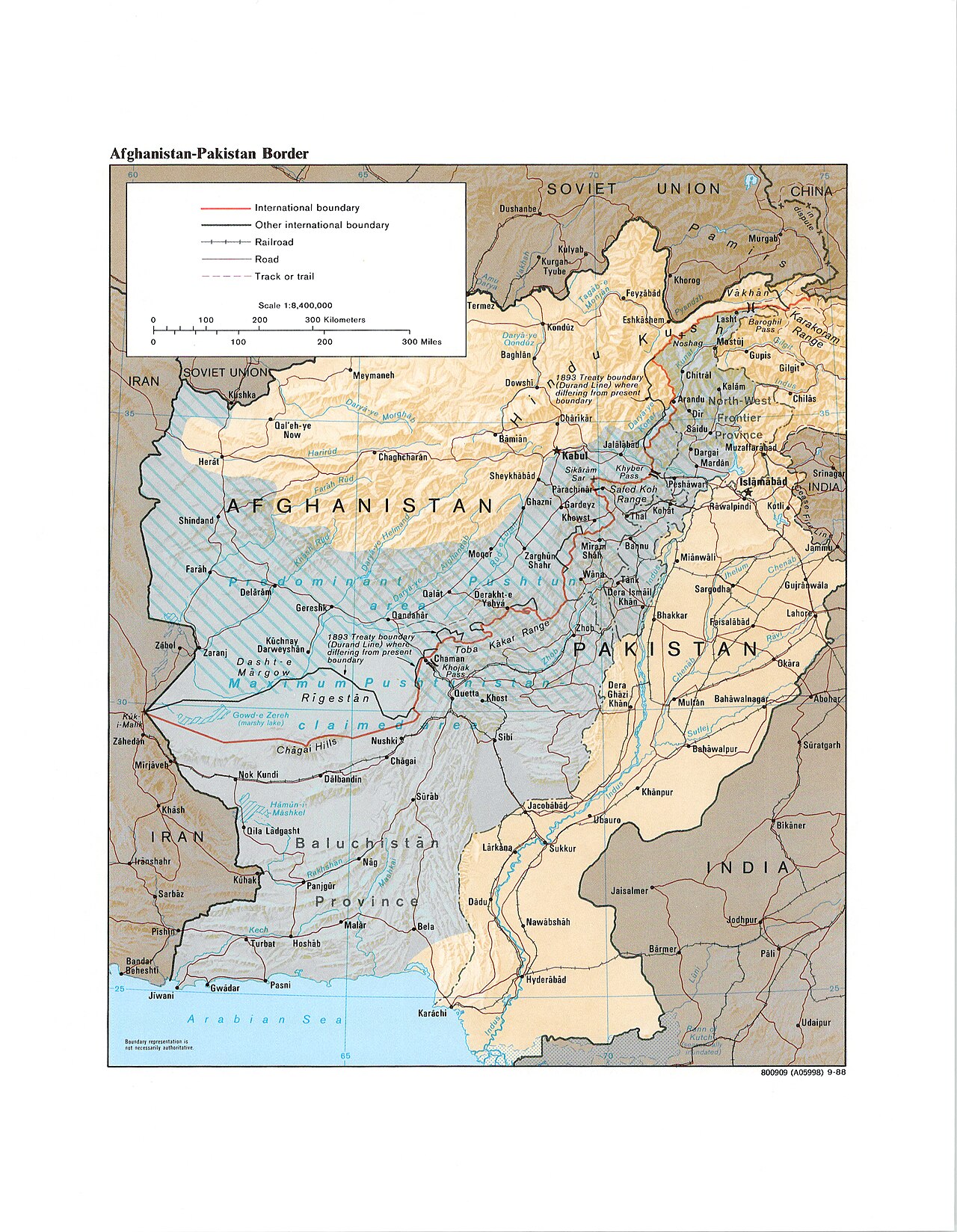A 1981 Central Intelligence Agency map of the Afghanistan-Pakistan border, showing the Durand Line, the Predominant Pashtun area and the maximum Pashtunistan claim, with road networks and population centres on both sides of the border.