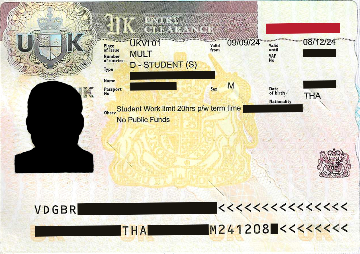 A UK Entry Clearance visa vignette sticker on a passport page, with the holder's photograph and personal details blanked out