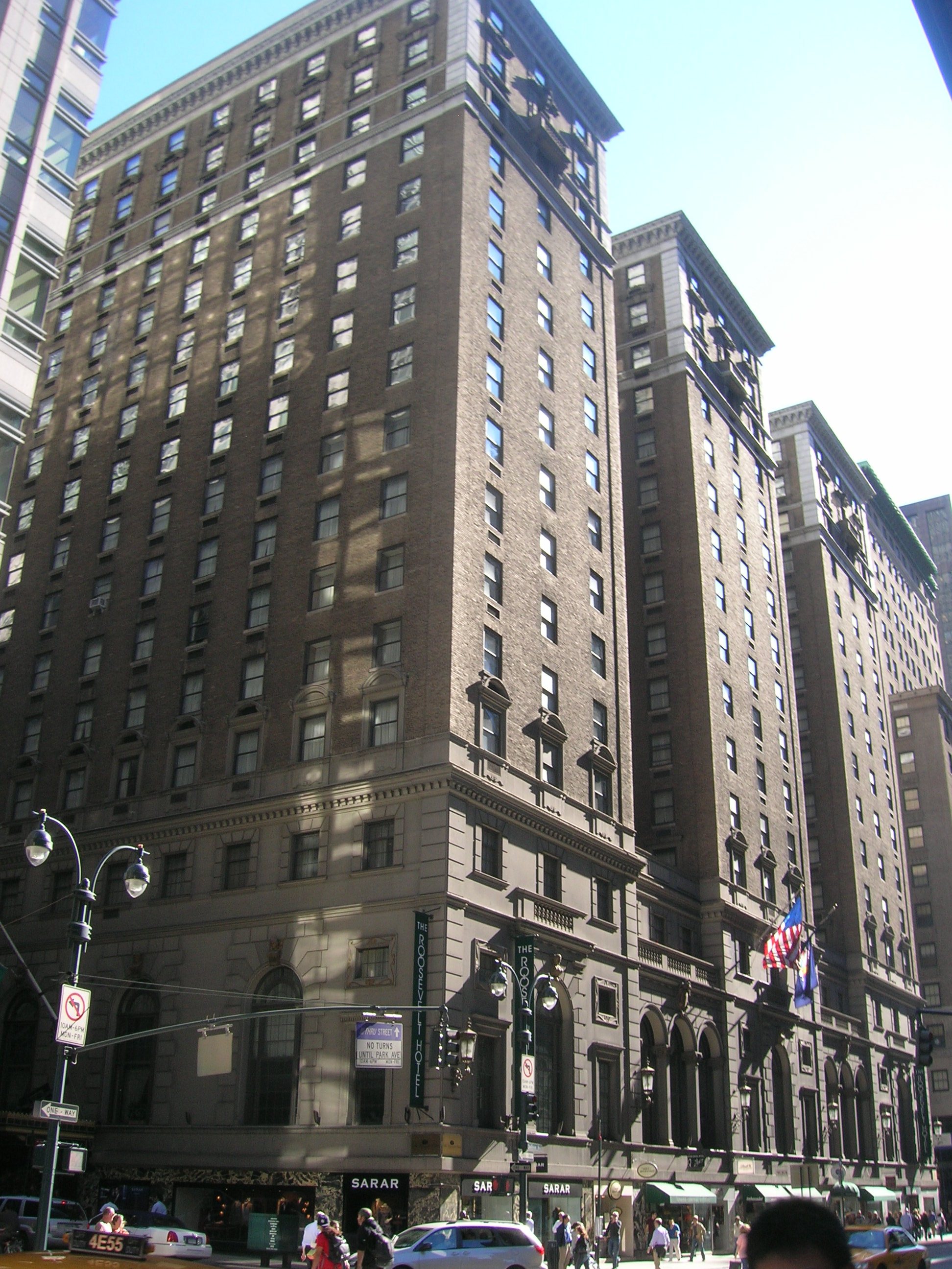 The facade and entrance canopy of the Roosevelt Hotel in Midtown Manhattan, New York.