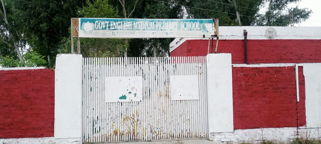 A red-brick boundary wall and white metal gate of a government English-medium primary school in Khyber Pakhtunkhwa, with a school signboard mounted above the gate.