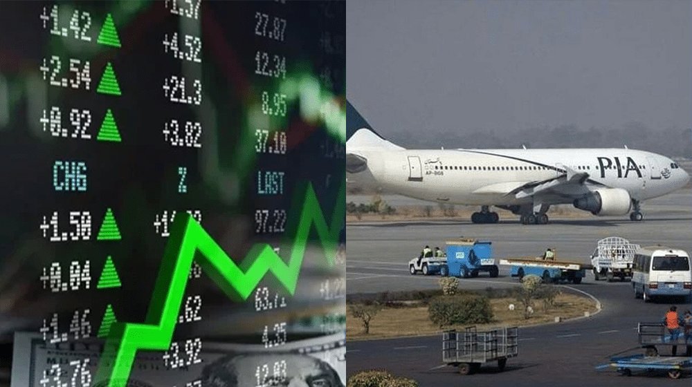A rising share-price chart on a trading screen beside a PIA aircraft on an airport tarmac