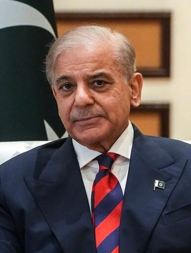A portrait photograph of Pakistan's prime minister, Shehbaz Sharif, wearing a dark suit.