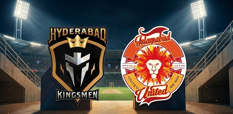 A match graphic showing the Hyderabad Kingsmen and Islamabad United team logos inside a floodlit cricket stadium.