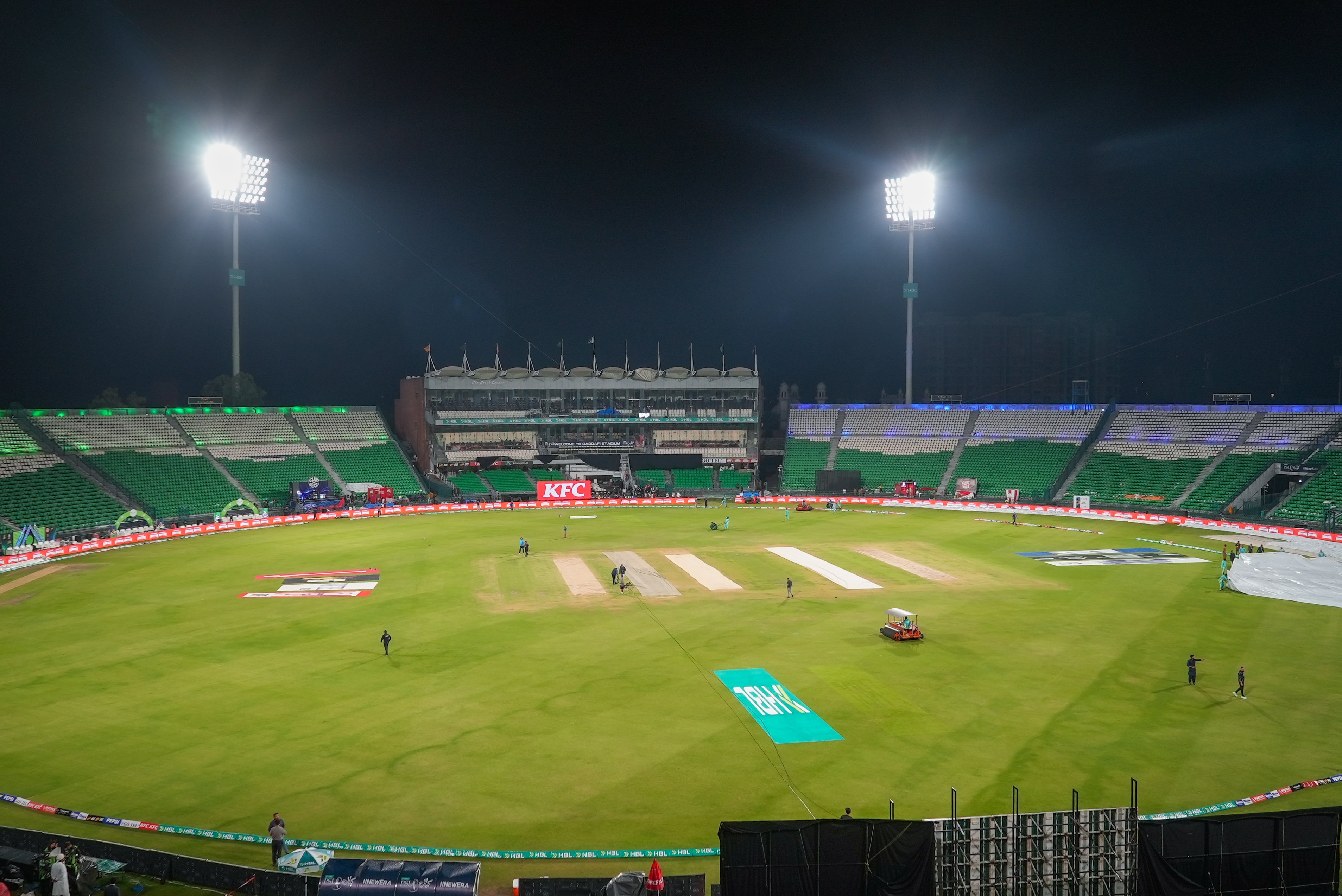 The floodlit stands and field of Gaddafi Stadium in Lahore during a Pakistan Super League fixture.