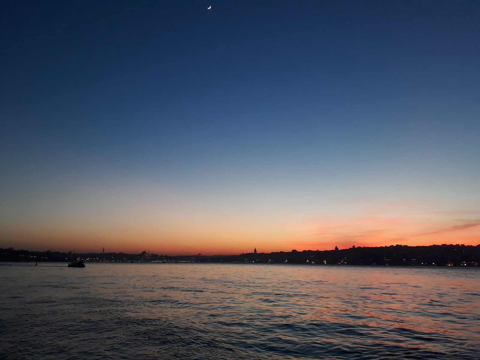 Istanbul's skyline seen from the Asian shore of the Bosphorus at dusk, with the domes and minarets of the historic peninsula silhouetted on the horizon and boats on the water.