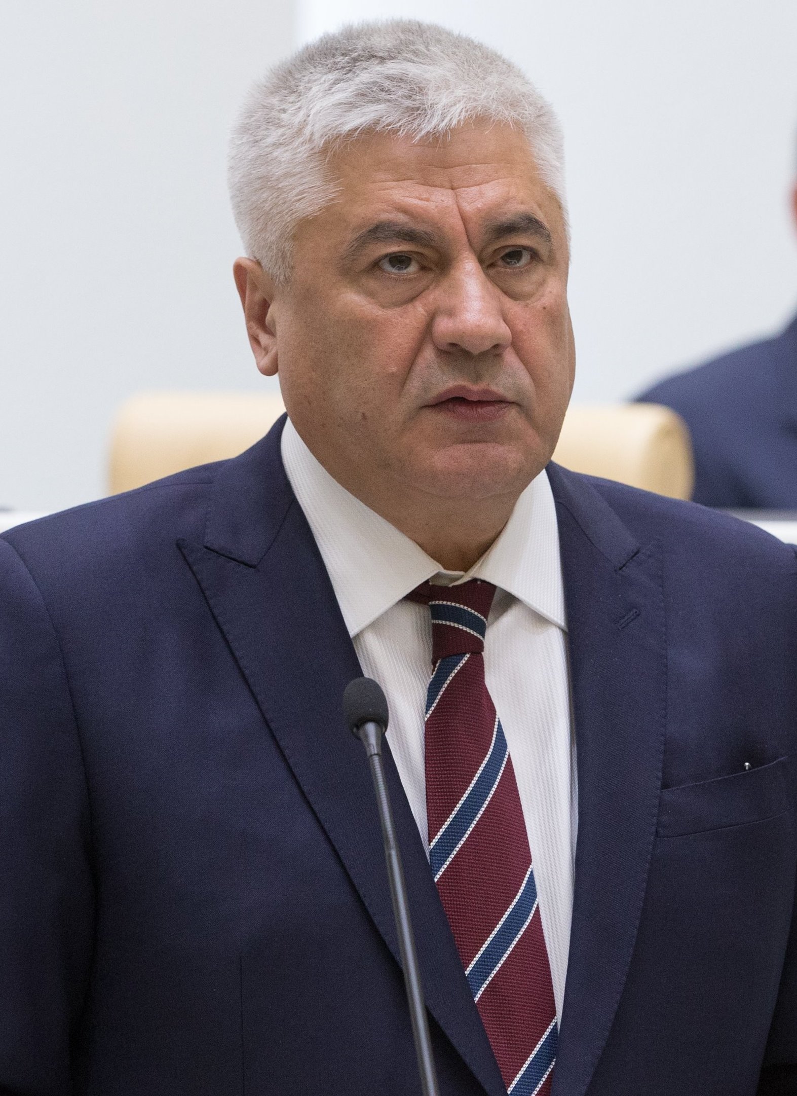 A head-and-shoulders portrait of Vladimir Kolokoltsev, Russia's interior minister, in a dark suit and striped tie, speaking at a microphone.