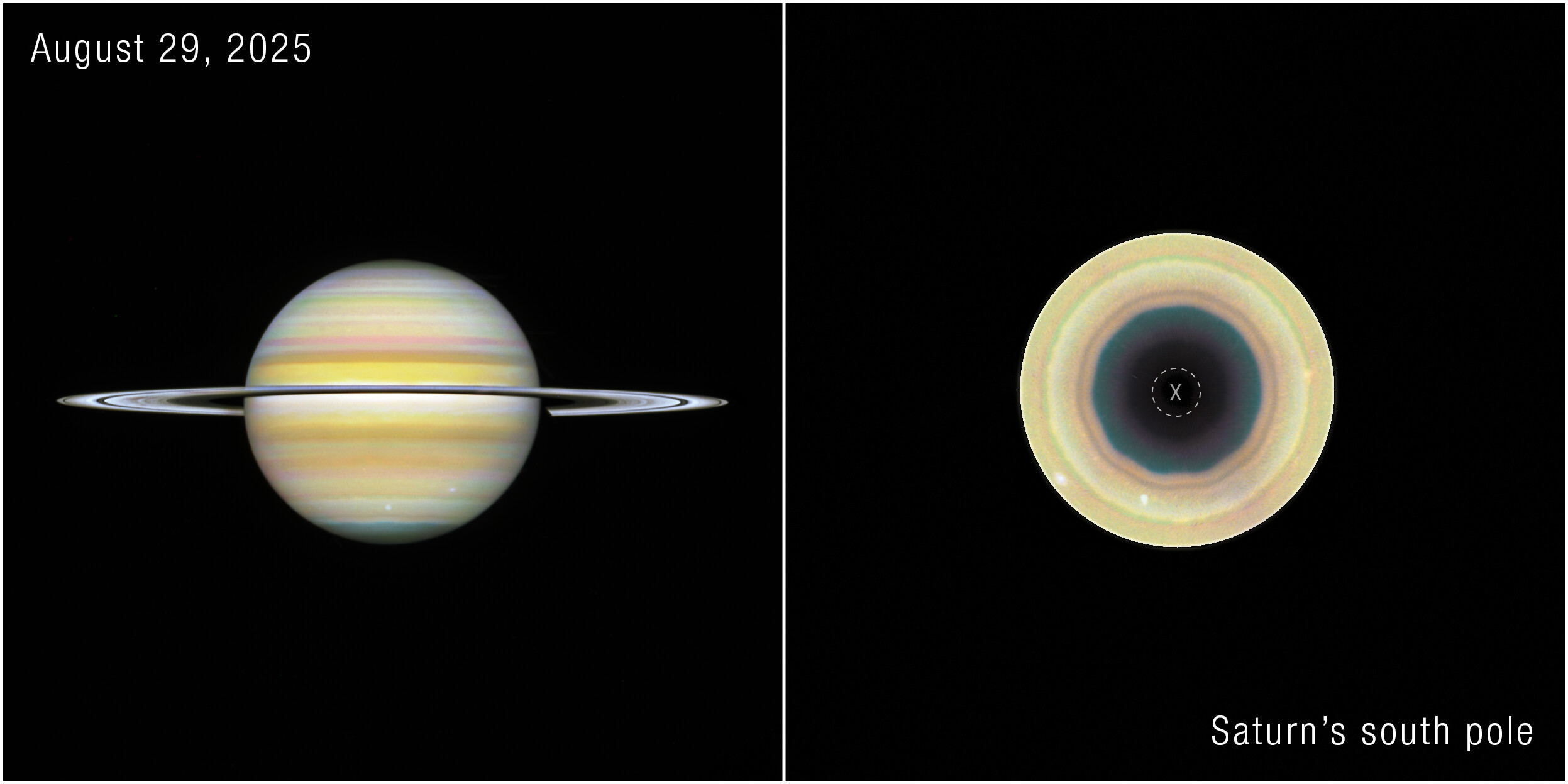 Side-by-side Hubble views of ringed Saturn and its south pole, where a dark 10-sided atmospheric pattern is outlined