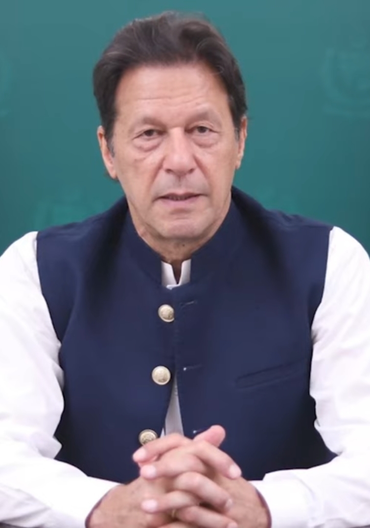 Portrait of former Pakistani prime minister Imran Khan in a dark suit.