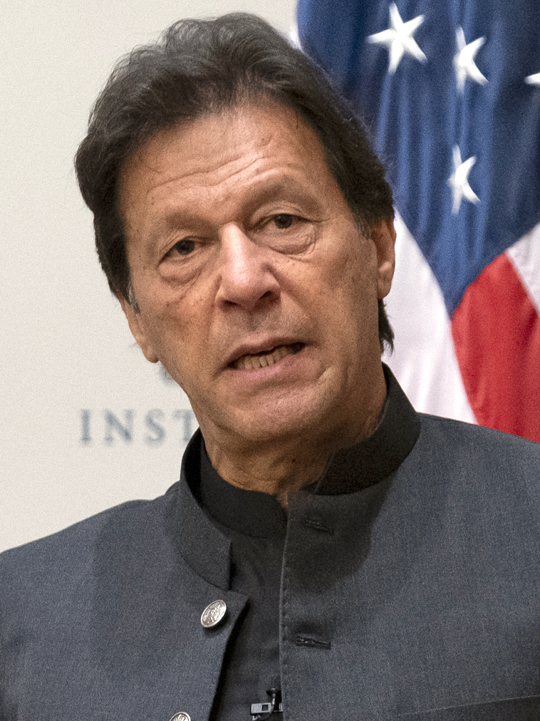 Imran Khan, wearing a dark suit and light shirt, speaking during a conversation event in Washington in July 2019.