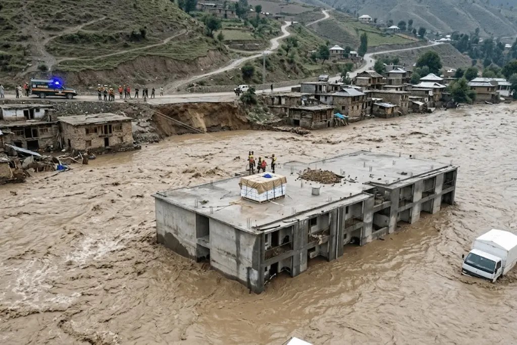 Muddy floodwater surrounds a concrete building in a mountain valley in Khyber Pakhtunkhwa as people stand on the roof and a police vehicle waits nearby.