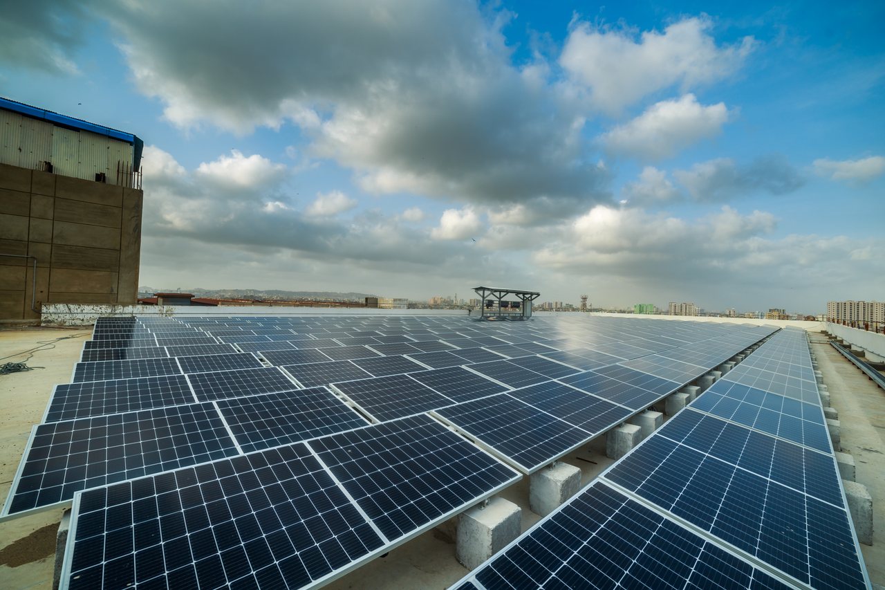 Rows of solar panels installed at the Sindh Industrial and Trading Estate in Karachi