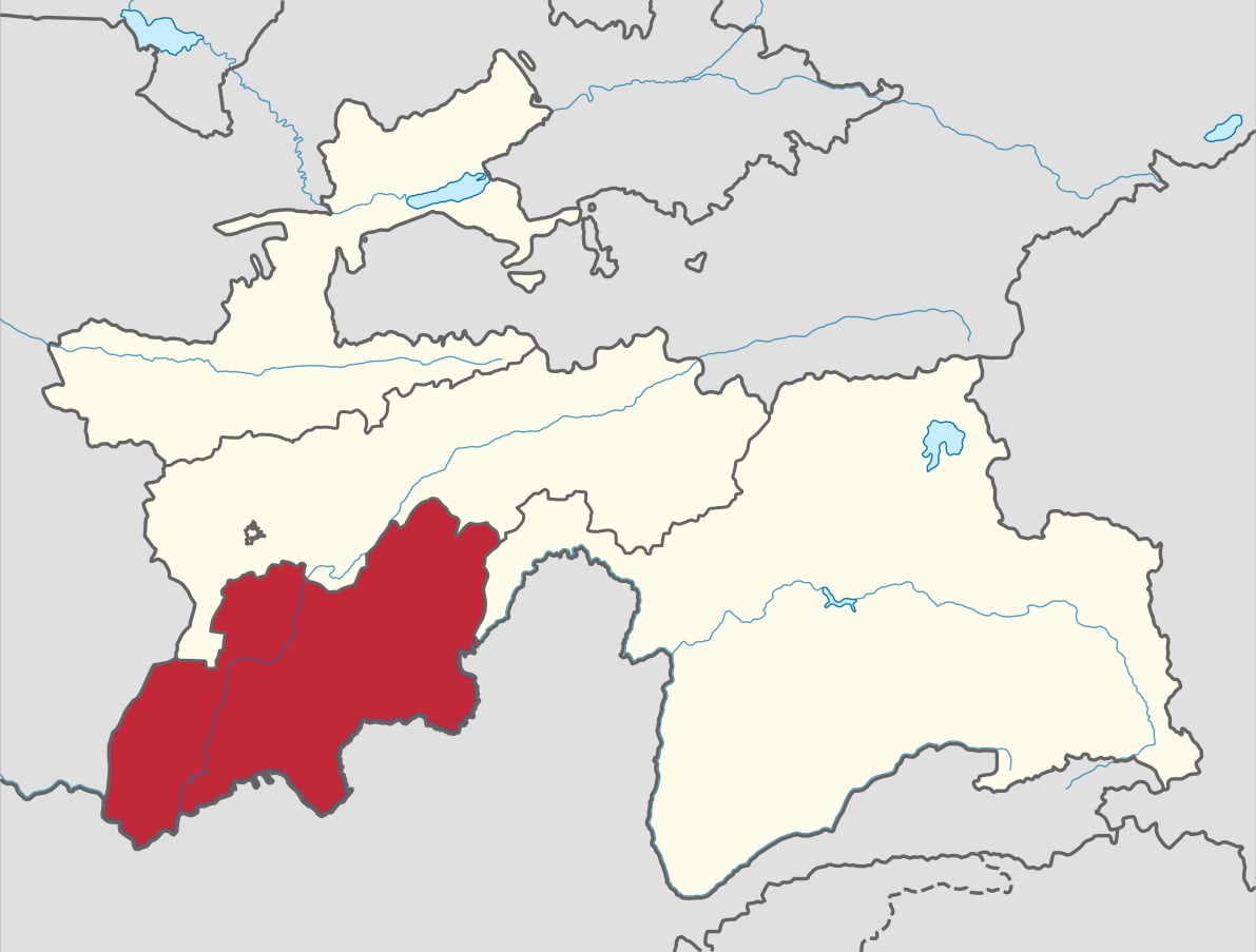 Locator map of Tajikistan with the Khatlon region, along the Afghan border, highlighted in red.