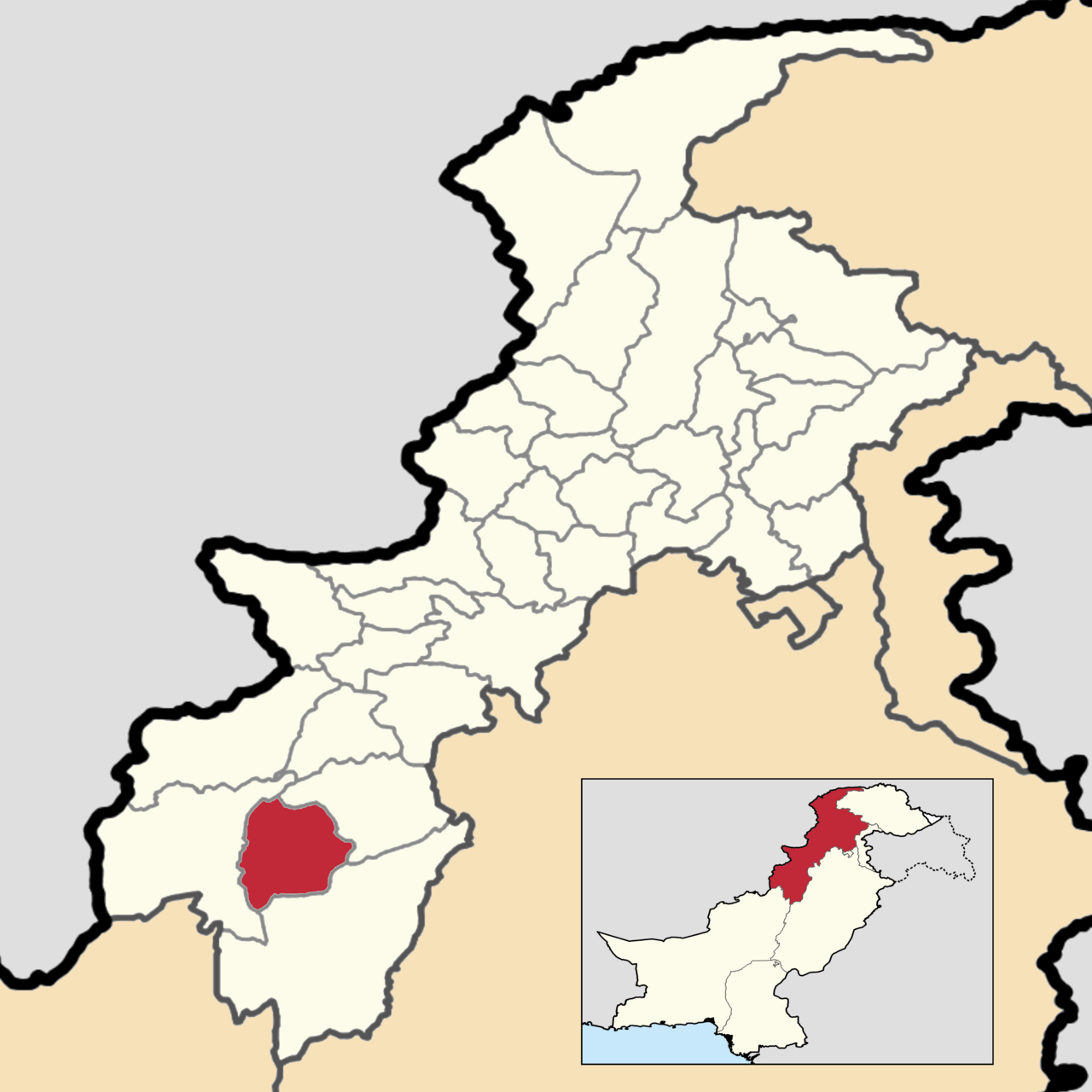 A map of Tank district in Khyber Pakhtunkhwa, Pakistan, showing its boundaries within the province.