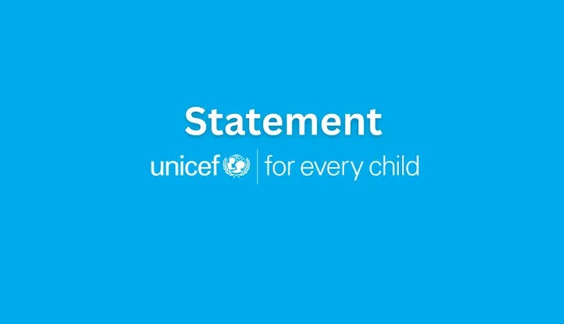 A blue UNICEF statement graphic bearing the word Statement and the UNICEF logo alongside the tagline for every child.
