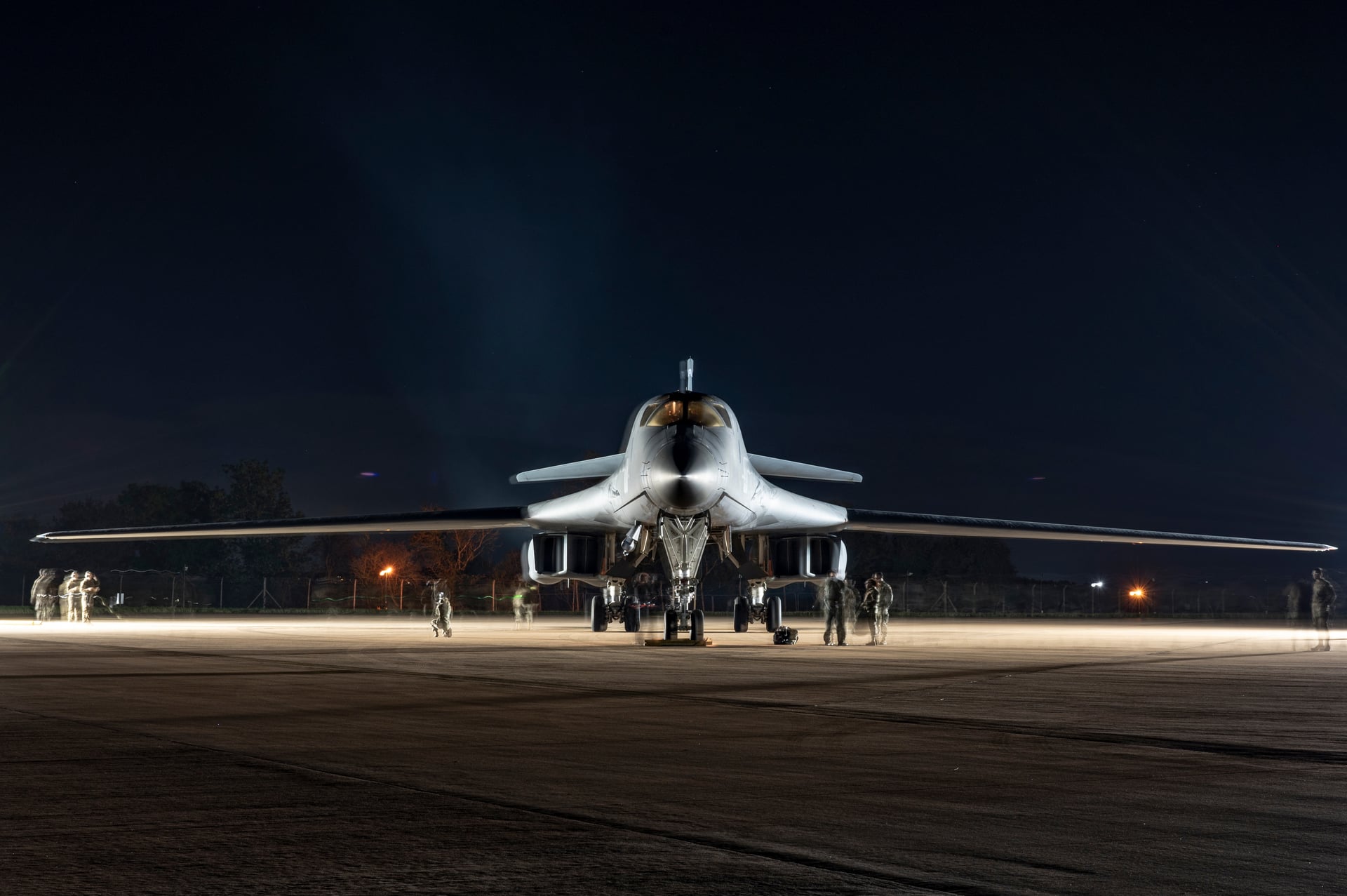 A United States Air Force B-1B Lancer bomber parked on the flightline at RAF Fairford in England.