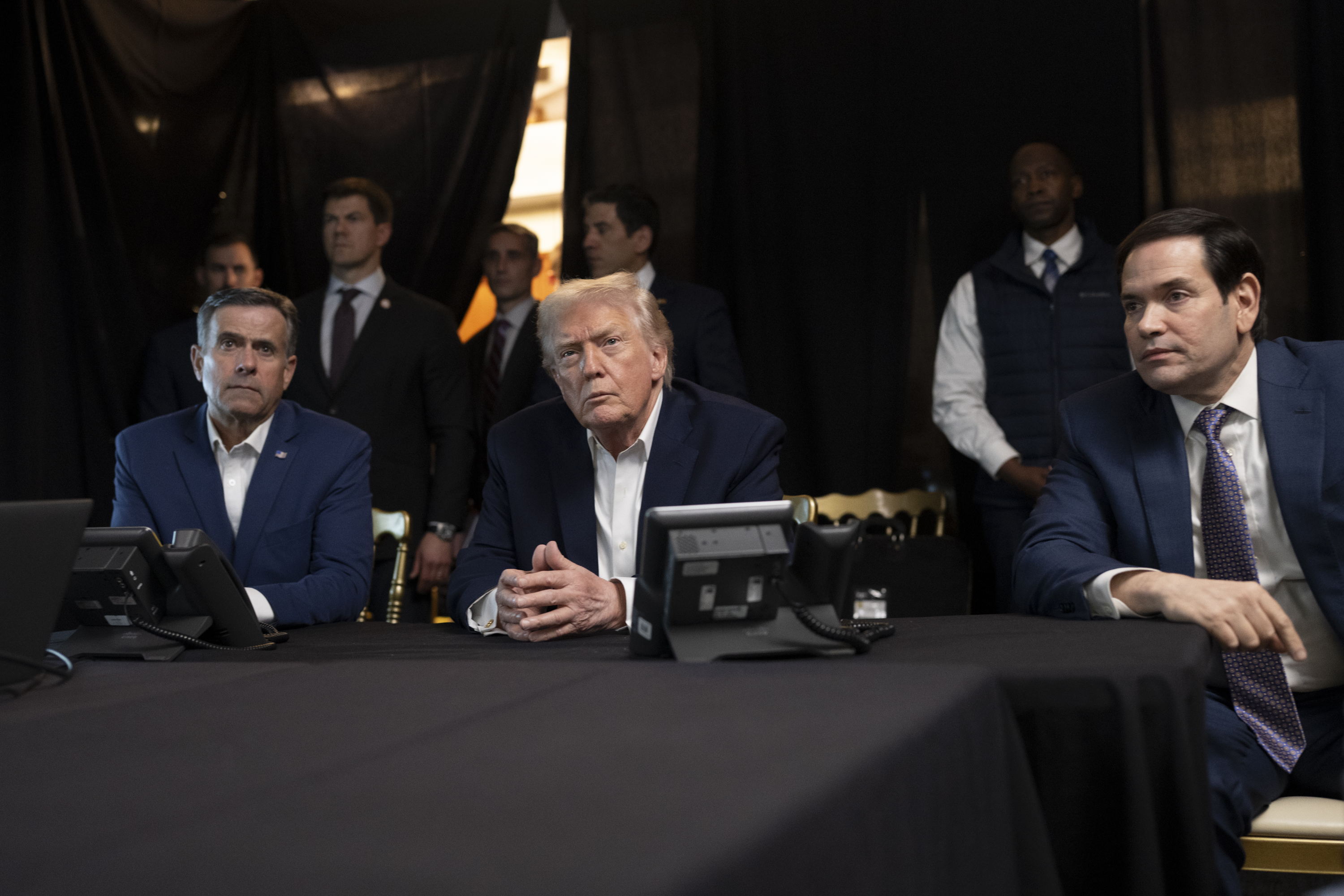 President Donald Trump monitors screens at Mar-a-Lago alongside CIA Director John Ratcliffe and Secretary of State Marco Rubio during the Venezuela operation