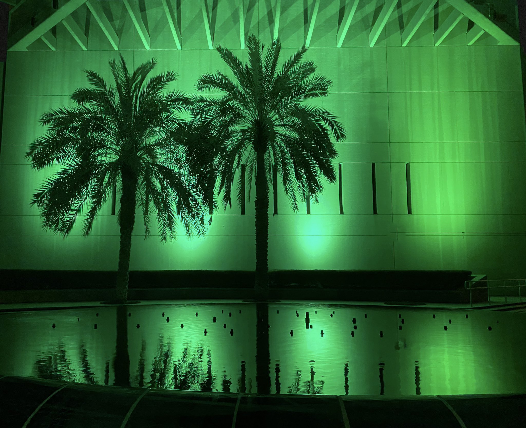 The exterior of the US Embassy in Riyadh lit green at night, with two palm trees reflected in a pool in the foreground.