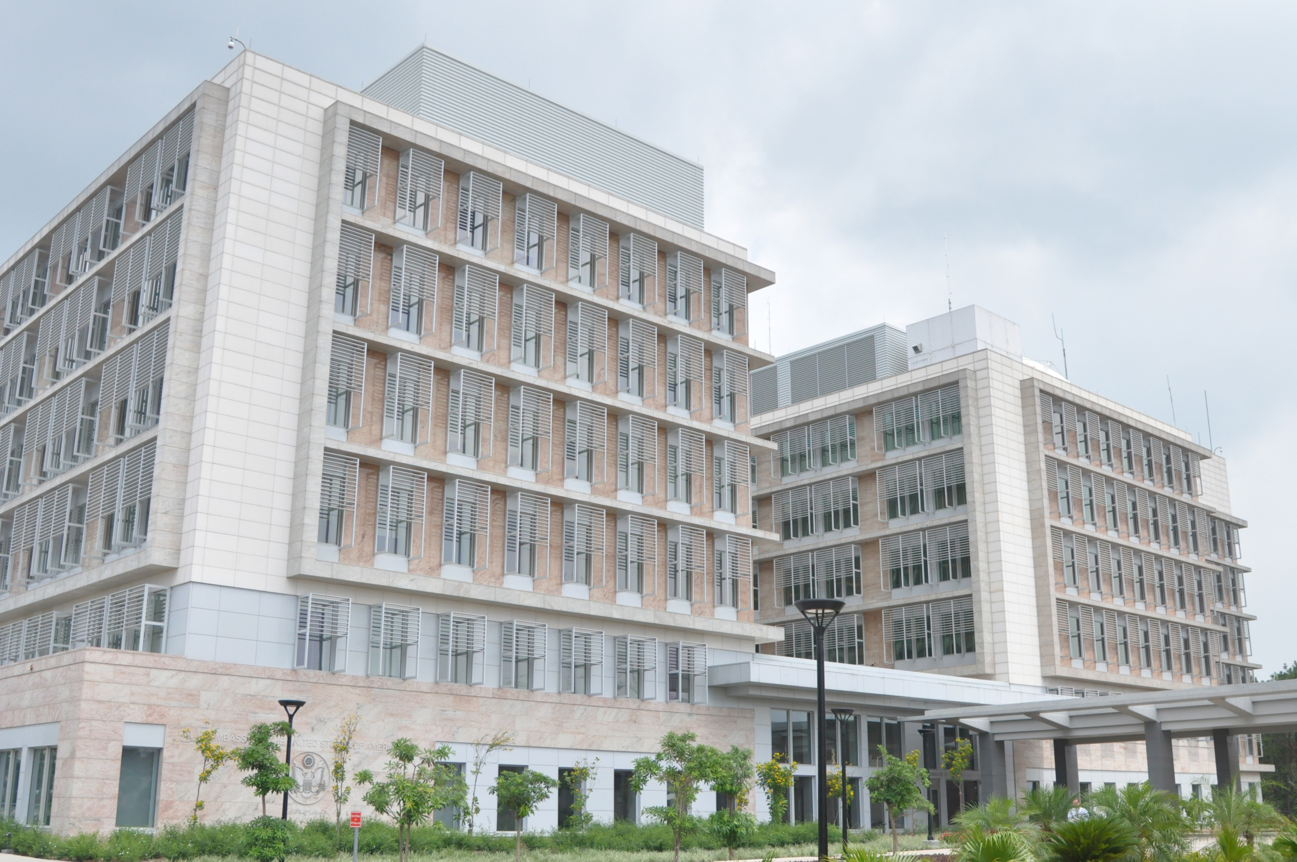 The Embassy of the United States in Islamabad, a large modern building set among trees