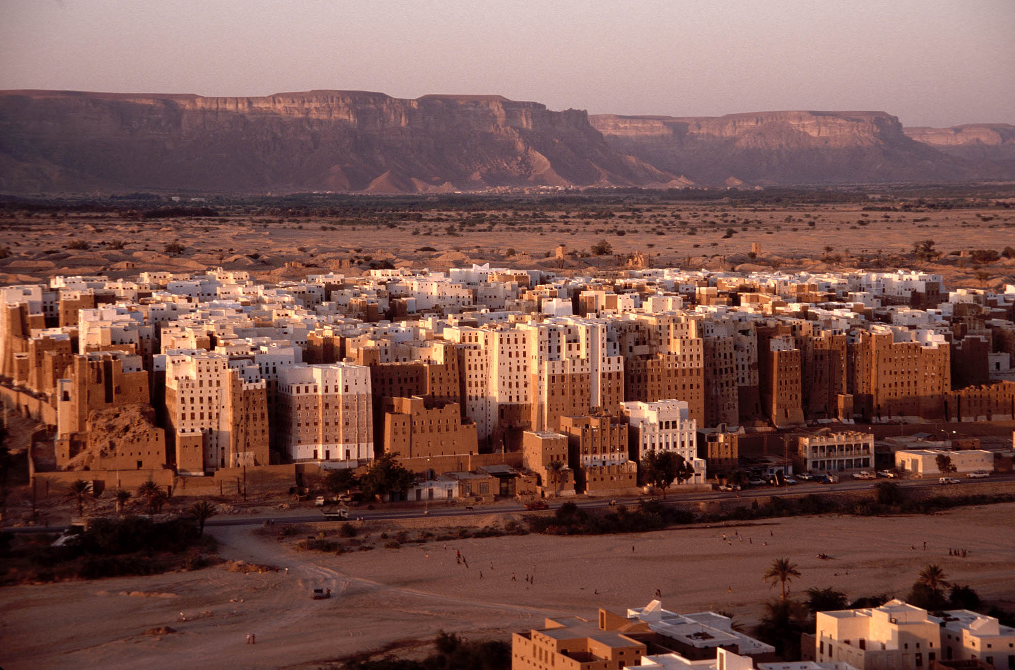 Dense cluster of tall mud-brick tower houses rising above an arid plain in the historic city of Shibam, Wadi Hadhramaut
