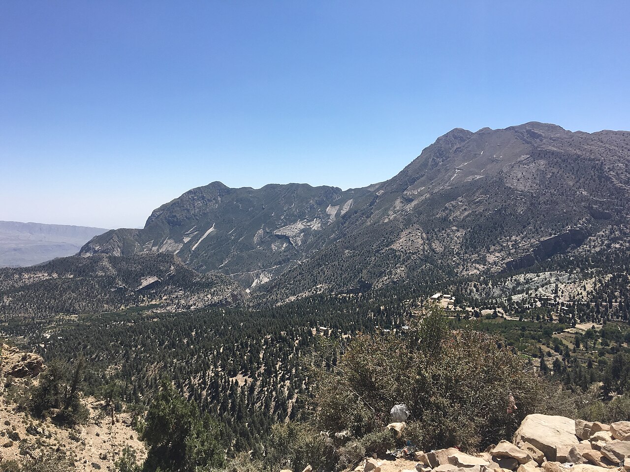 A wide view of the Ziarat valley in Balochistan with hills and juniper trees.